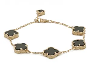 14K Yellow Gold Fashion 5 Flowers Onyx Bracelet