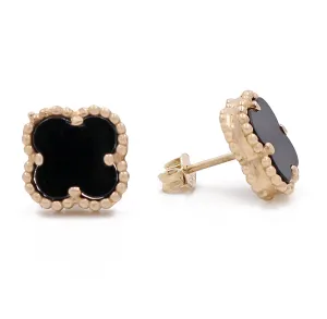 14K Yellow Gold Fashion Flower Onyx Earrings