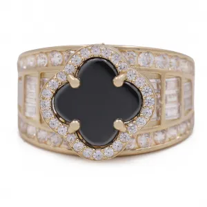 14K Yellow Gold Fashion Ring with Black Onyx and Cubic Zirconias