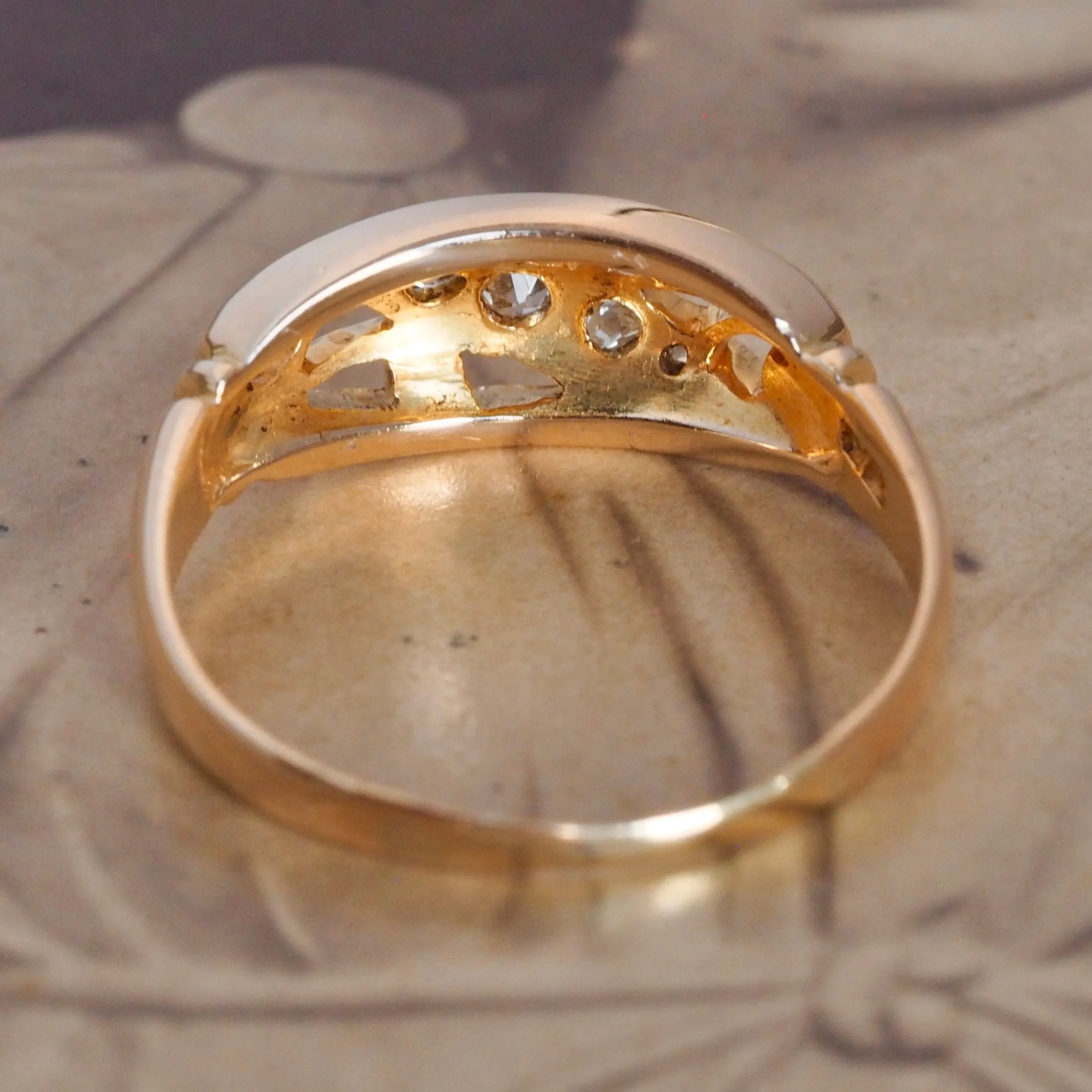 Antique Art Nouveau English 18k Gold and Diamond Scroll Ring