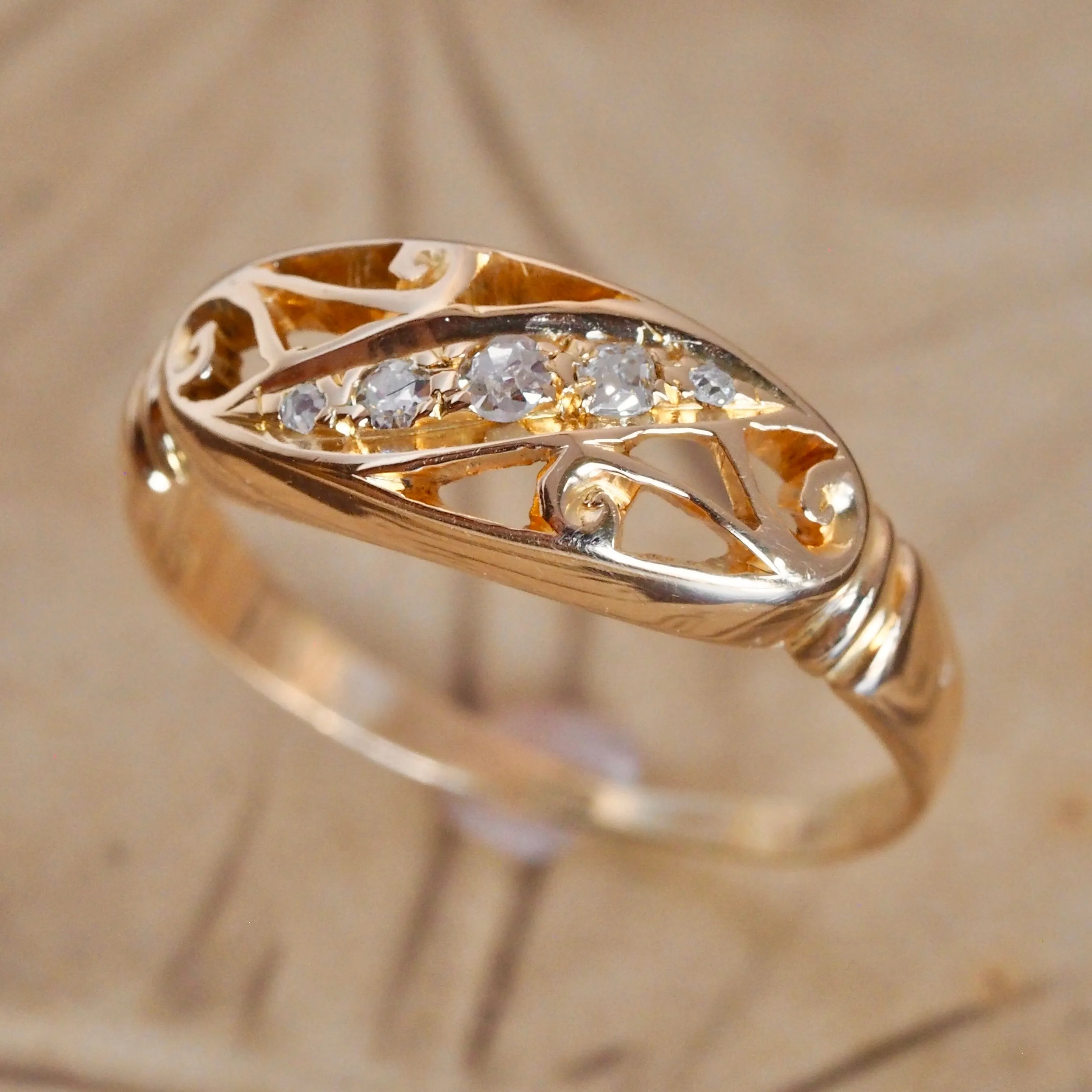 Antique Art Nouveau English 18k Gold and Diamond Scroll Ring