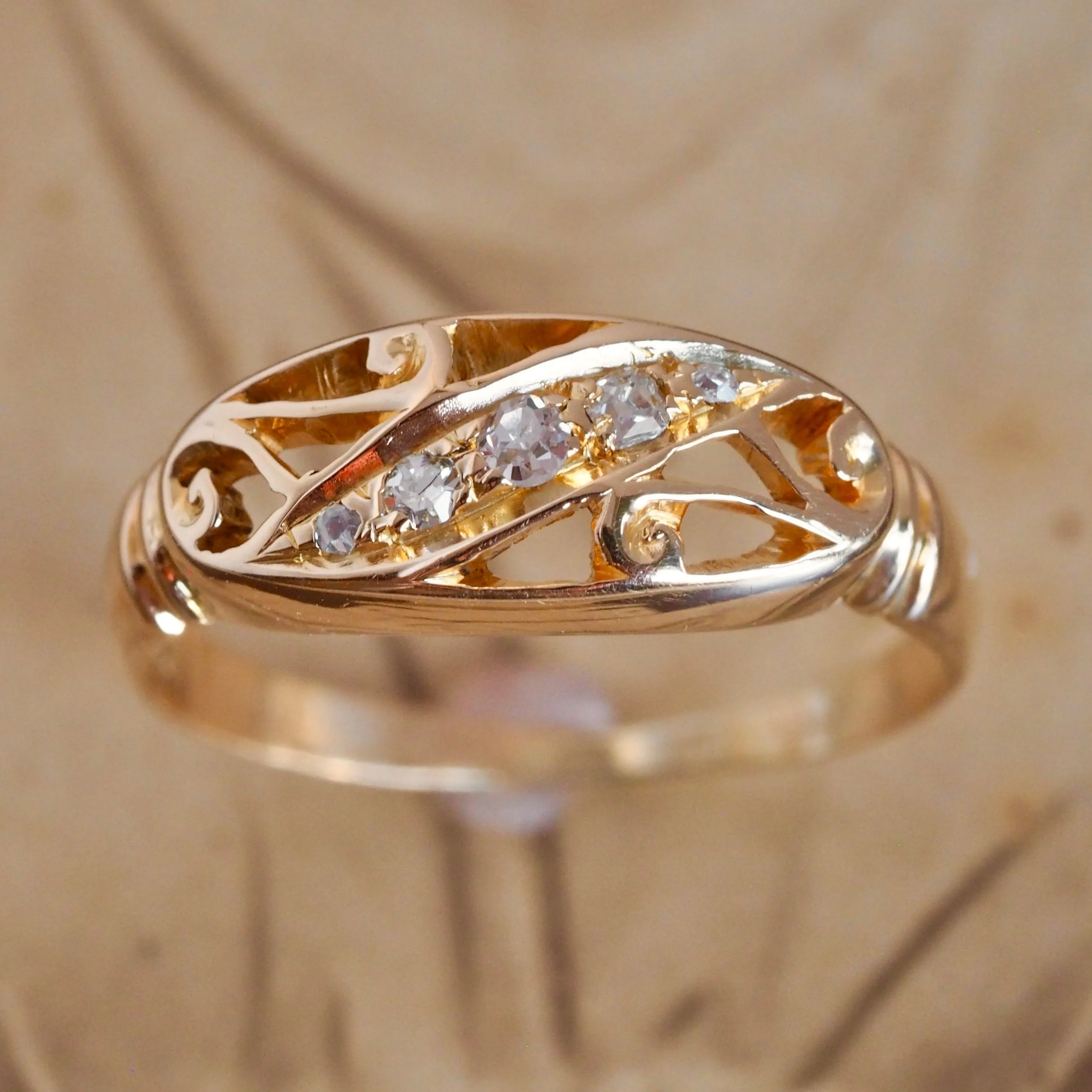 Antique Art Nouveau English 18k Gold and Diamond Scroll Ring
