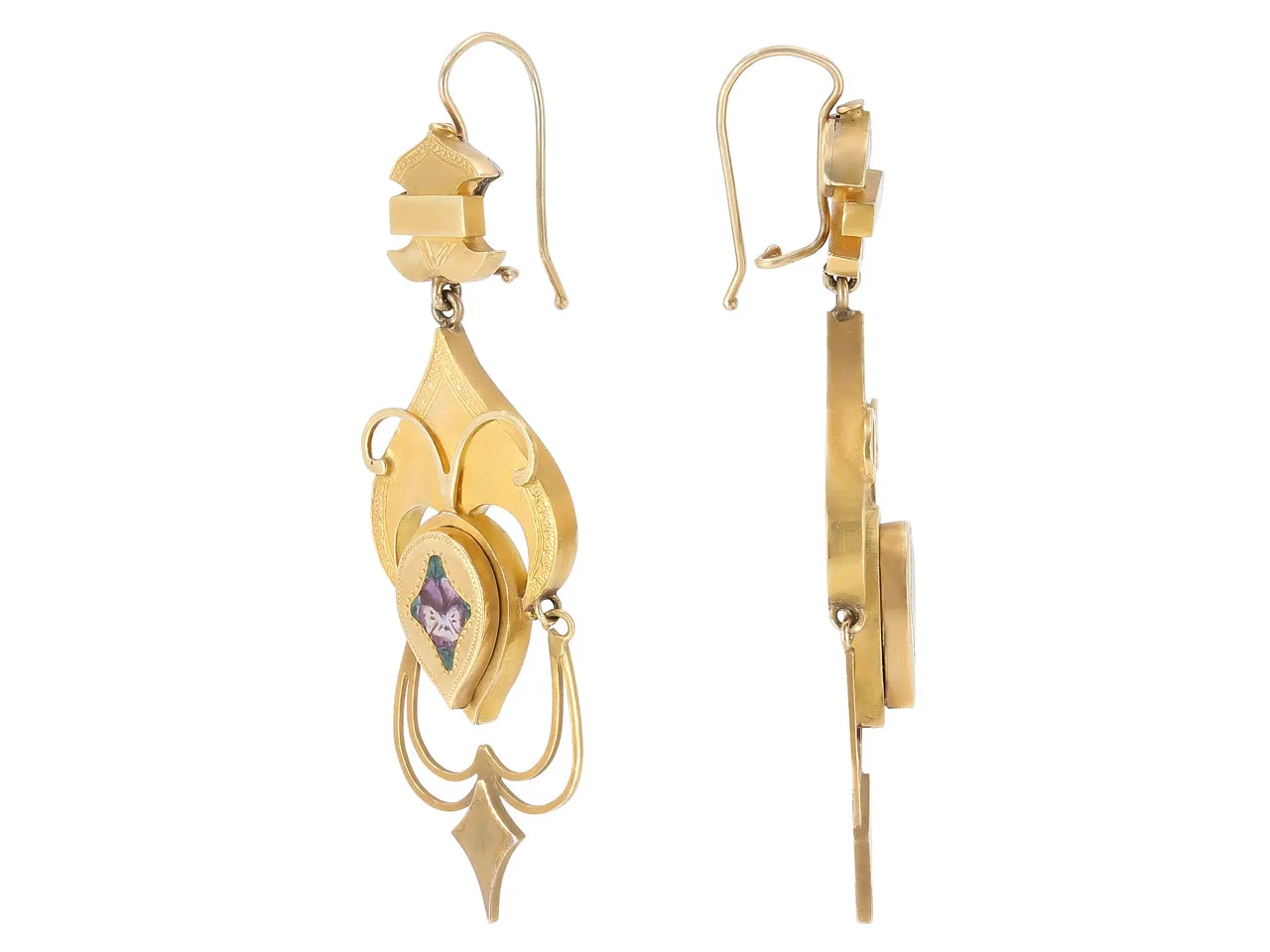 Antique Victorian Enamel Pansy Earrings in 18K Gold