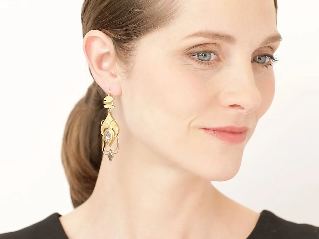 Antique Victorian Enamel Pansy Earrings in 18K Gold