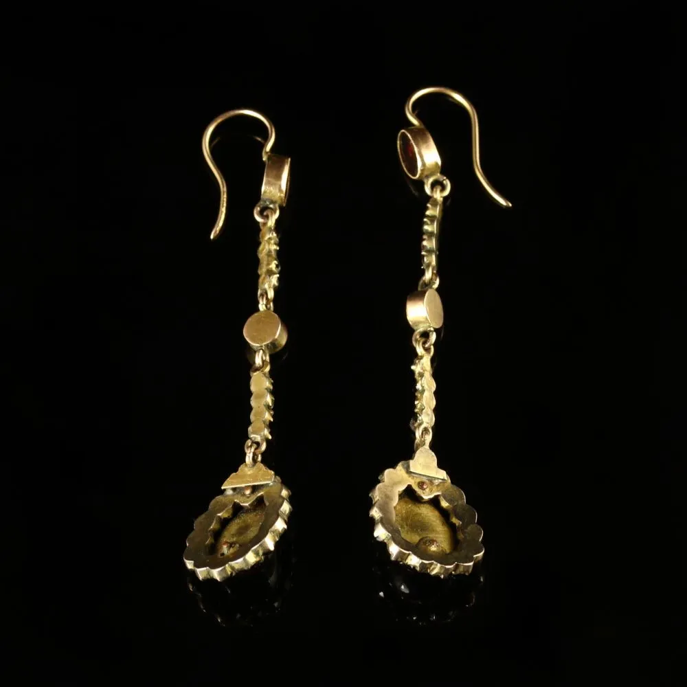 Antique Victorian Garnet Gold Long Earrings Circa 1900