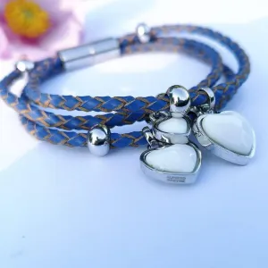 Blue Leather Bracelet Silver 925 White Onyx