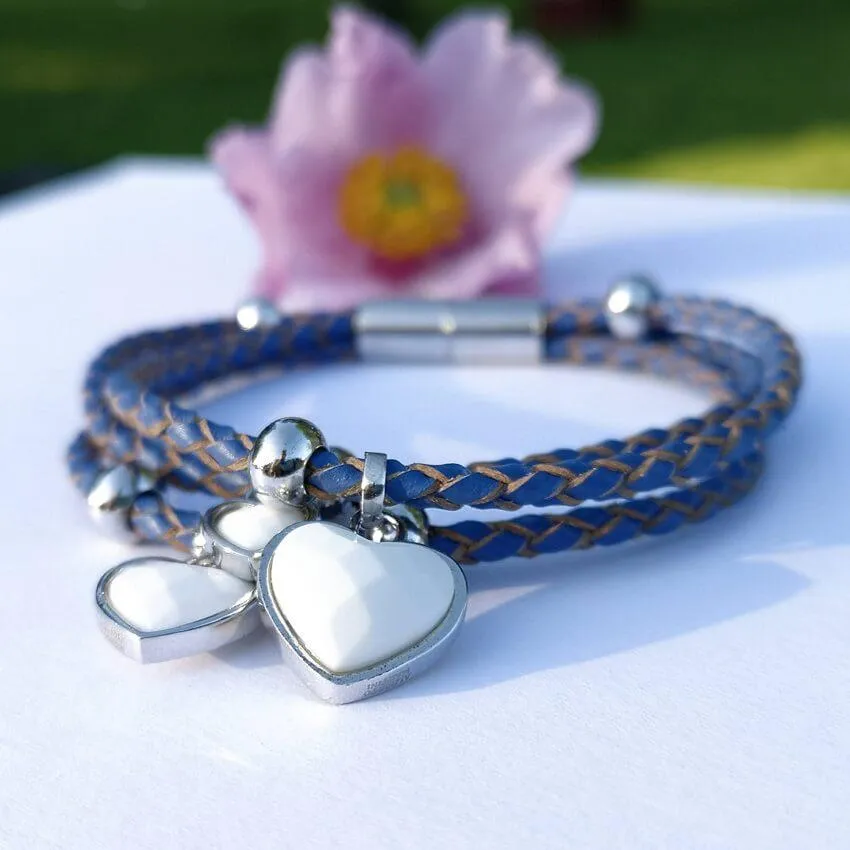 Blue Leather Bracelet Silver 925 White Onyx