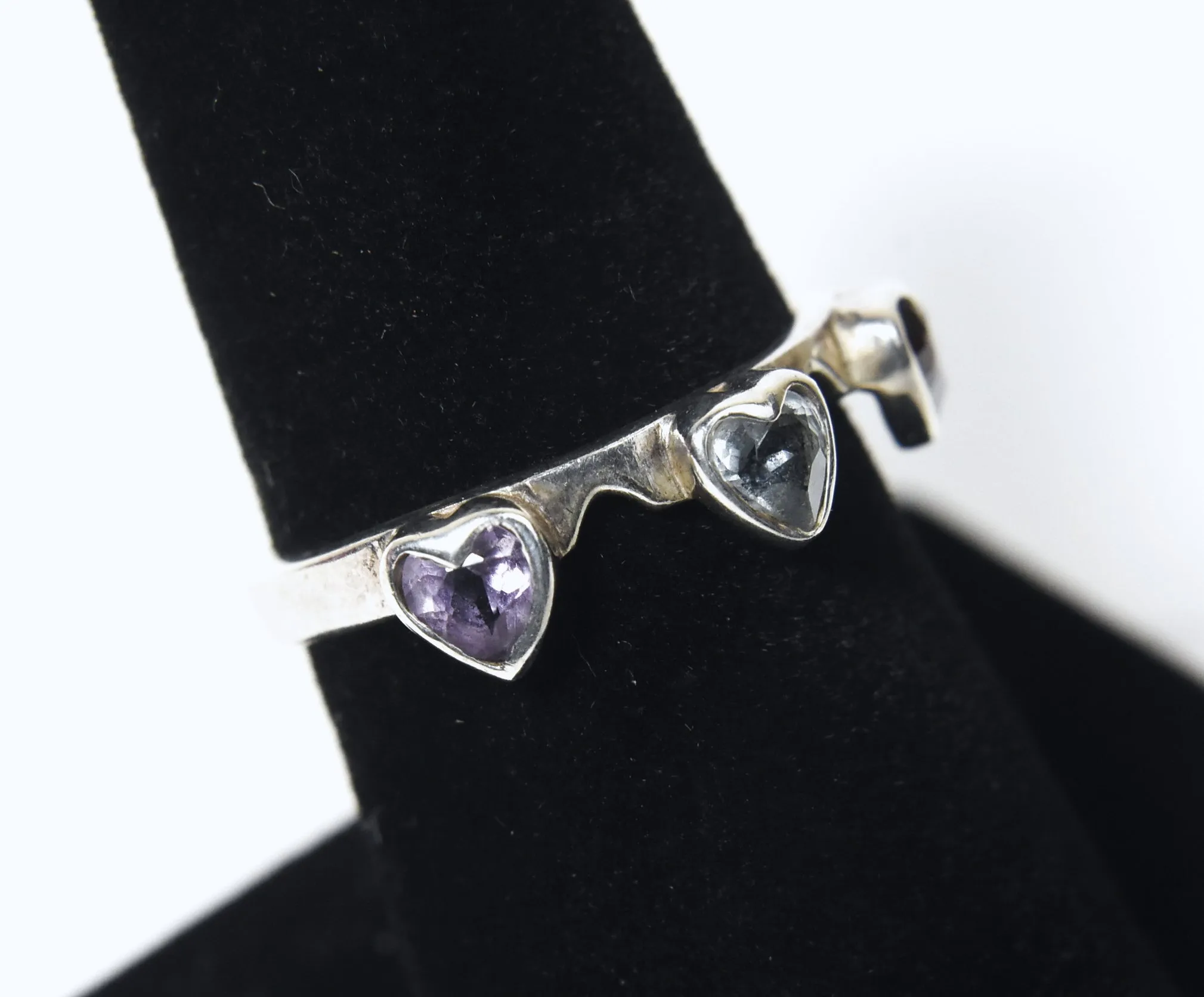 Blue Topaz, Red Garnet, Amethyst Hearts Sterling Silver Ring - Size 6.75