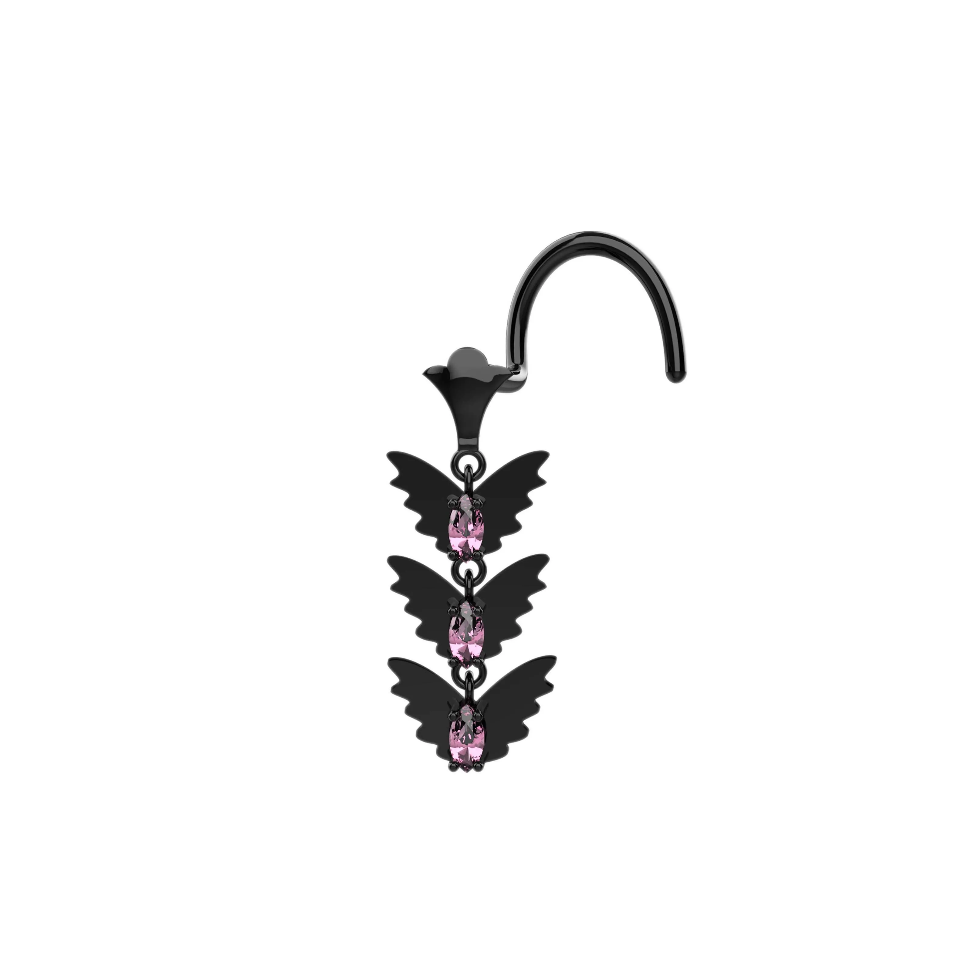 Butterfly Dangle Nose Stud – Gold Nose Ring with Hanging Charm
