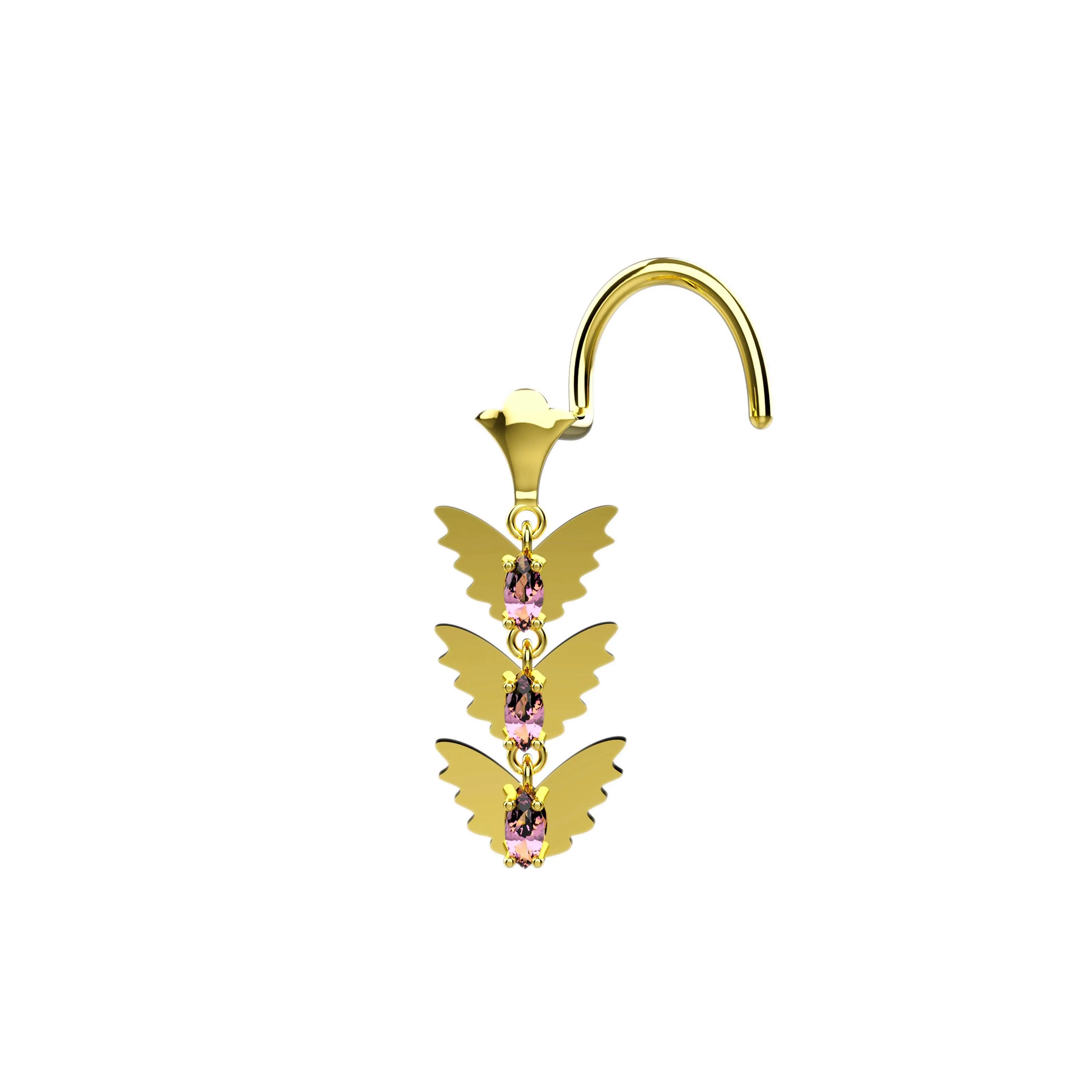 Butterfly Dangle Nose Stud – Gold Nose Ring with Hanging Charm
