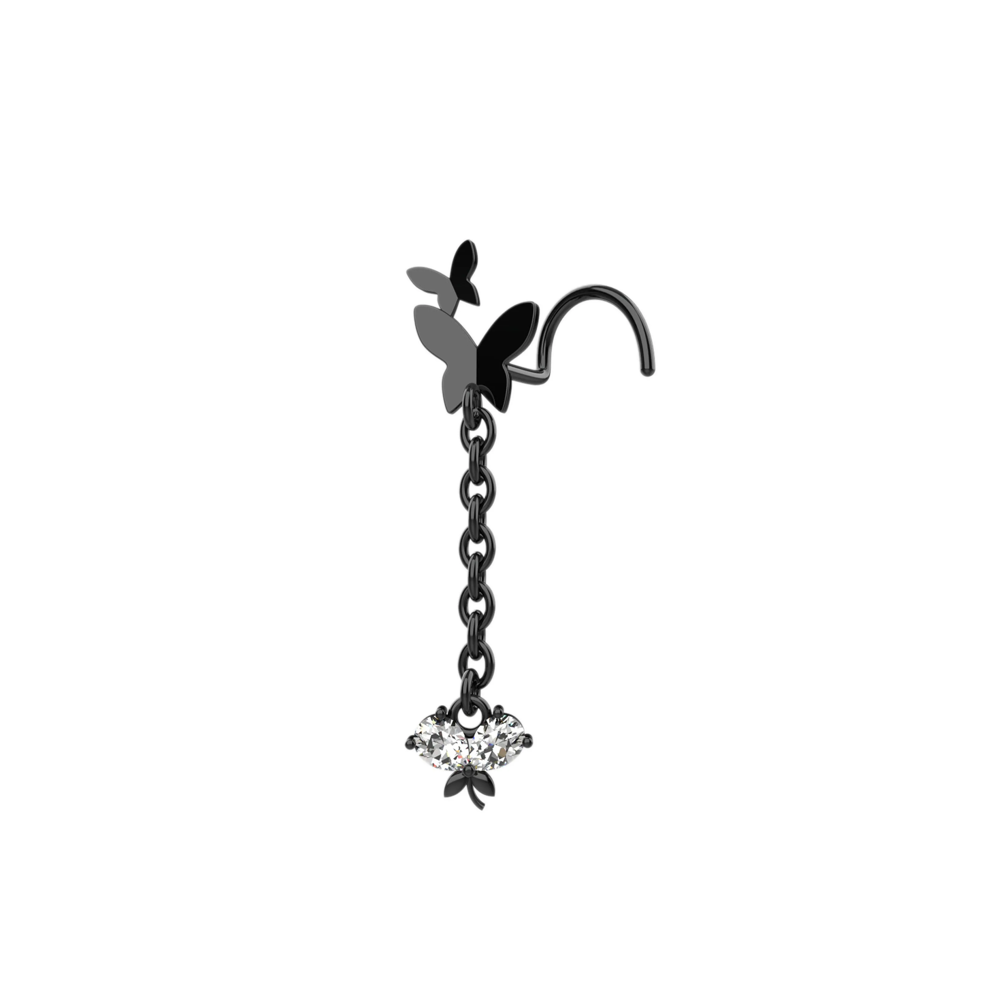 Butterfly Nose Ring Stud with Dangling Chain Charm | Nose Piercing Jewelry