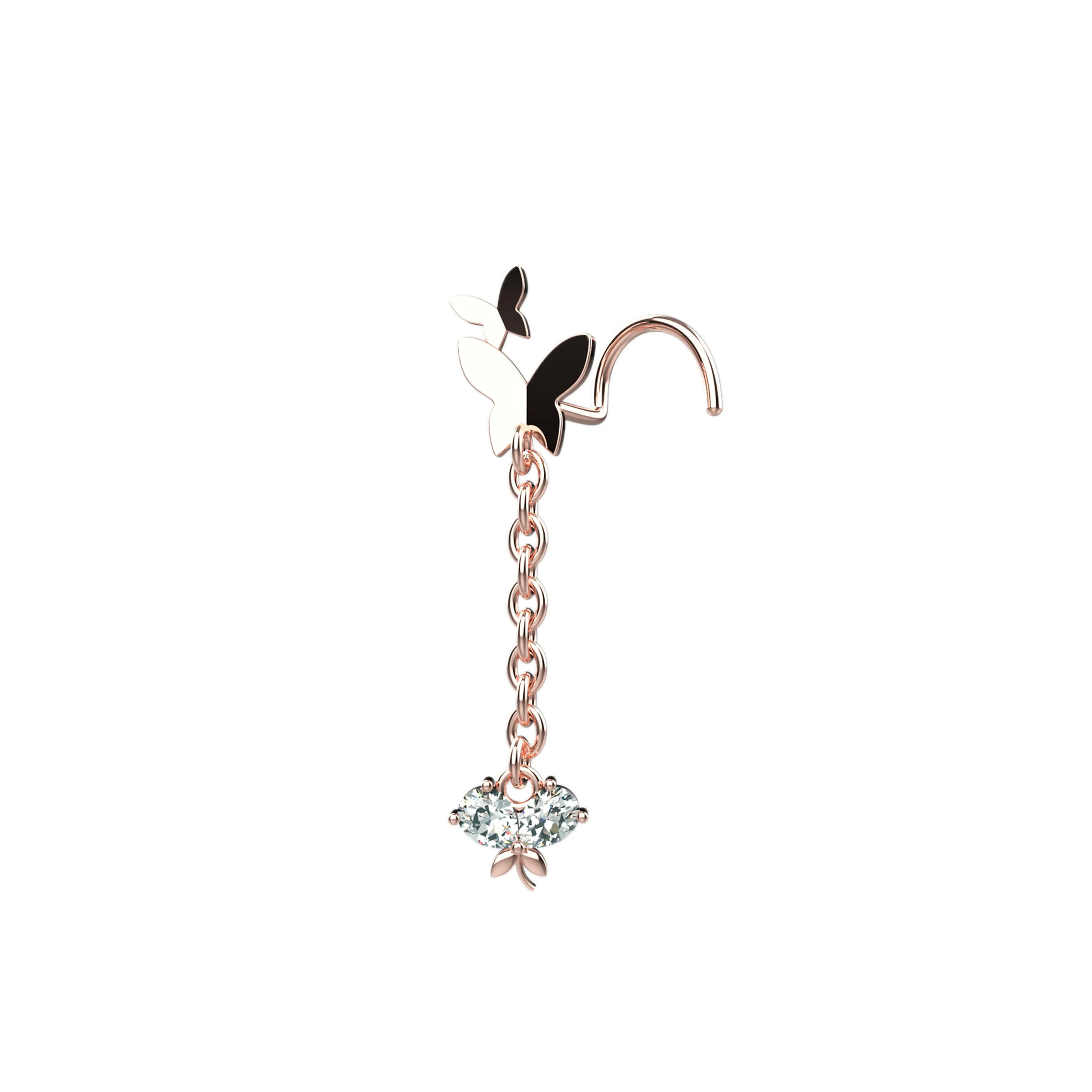 Butterfly Nose Ring Stud with Dangling Chain Charm | Nose Piercing Jewelry