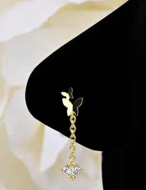 Butterfly Nose Ring Stud with Dangling Chain Charm | Nose Piercing Jewelry