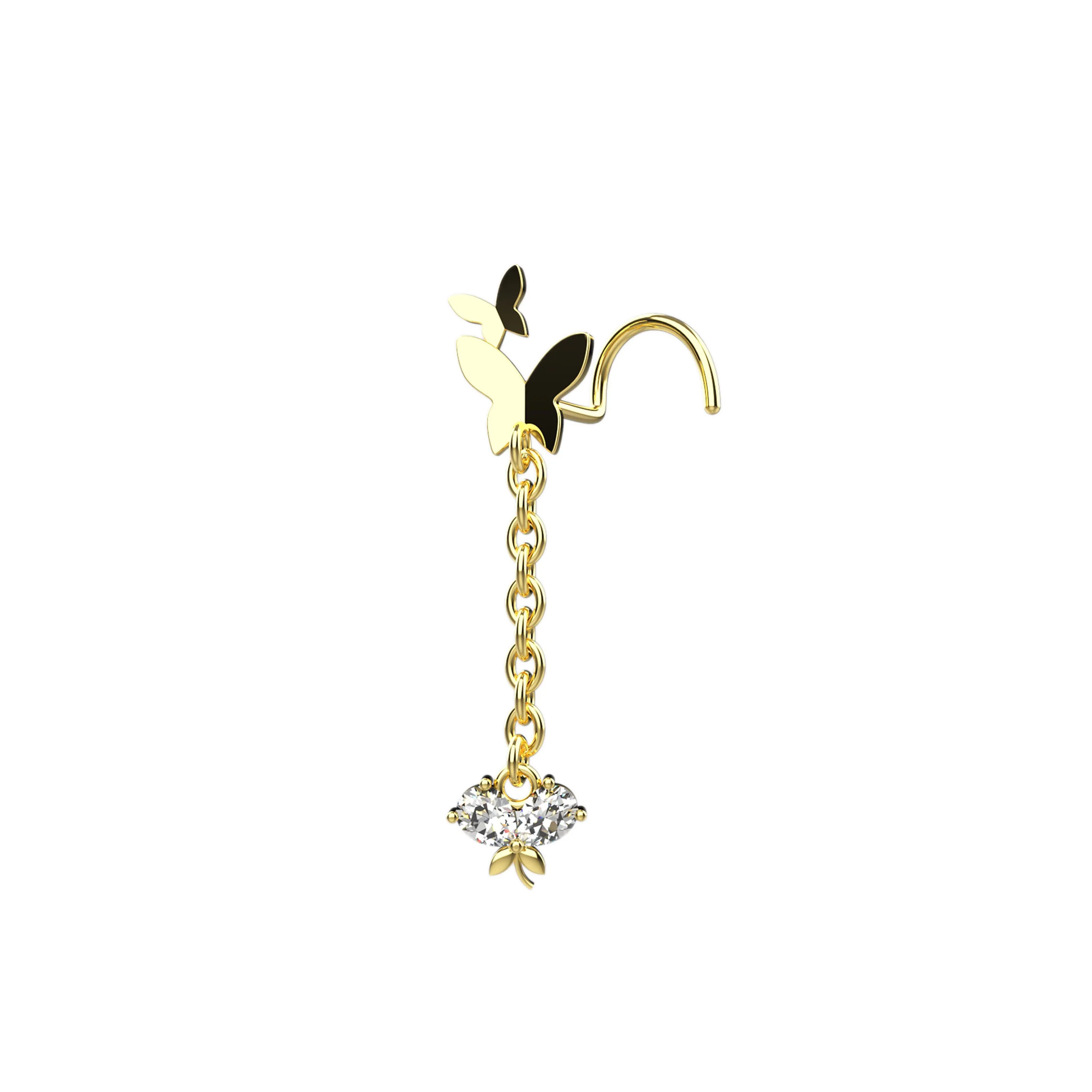 Butterfly Nose Ring Stud with Dangling Chain Charm | Nose Piercing Jewelry
