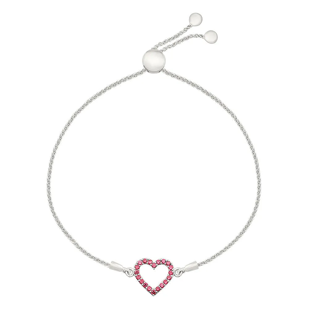 Created Ruby Heart Sterling Silver Bolo Bracelet