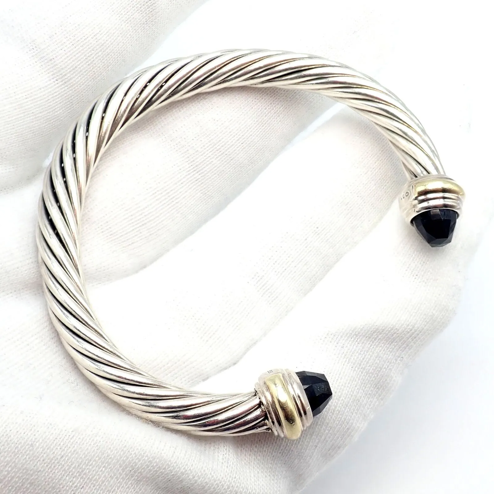 David Yurman DY Silver 14k Yellow Gold Onyx 7mm Cable Classic Bracelet