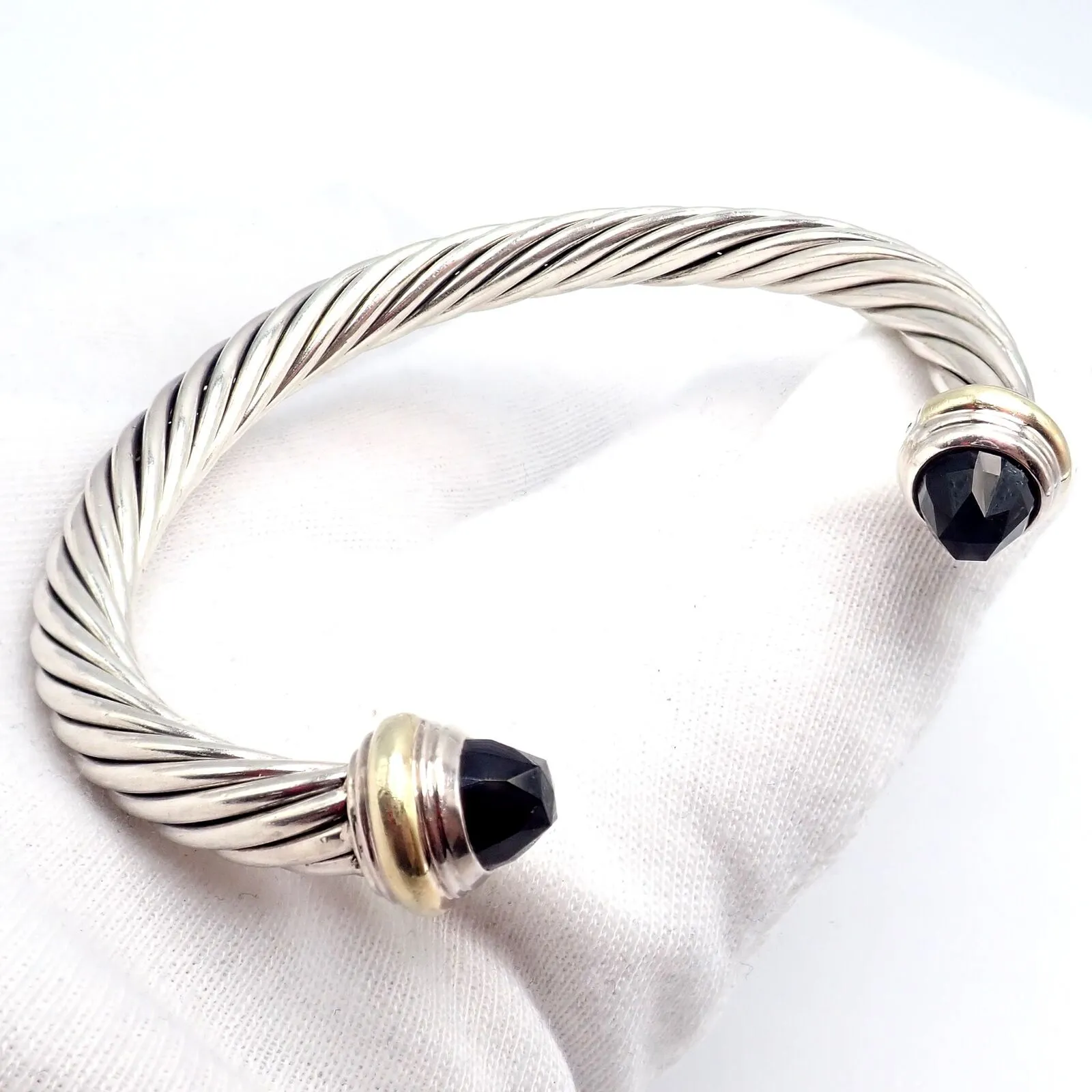 David Yurman DY Silver 14k Yellow Gold Onyx 7mm Cable Classic Bracelet