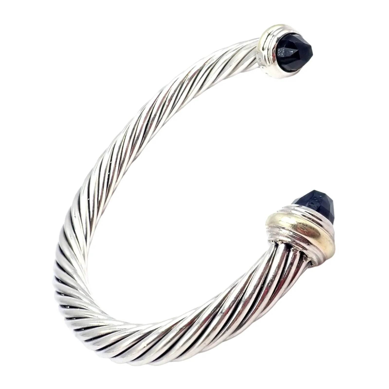 David Yurman DY Silver 14k Yellow Gold Onyx 7mm Cable Classic Bracelet