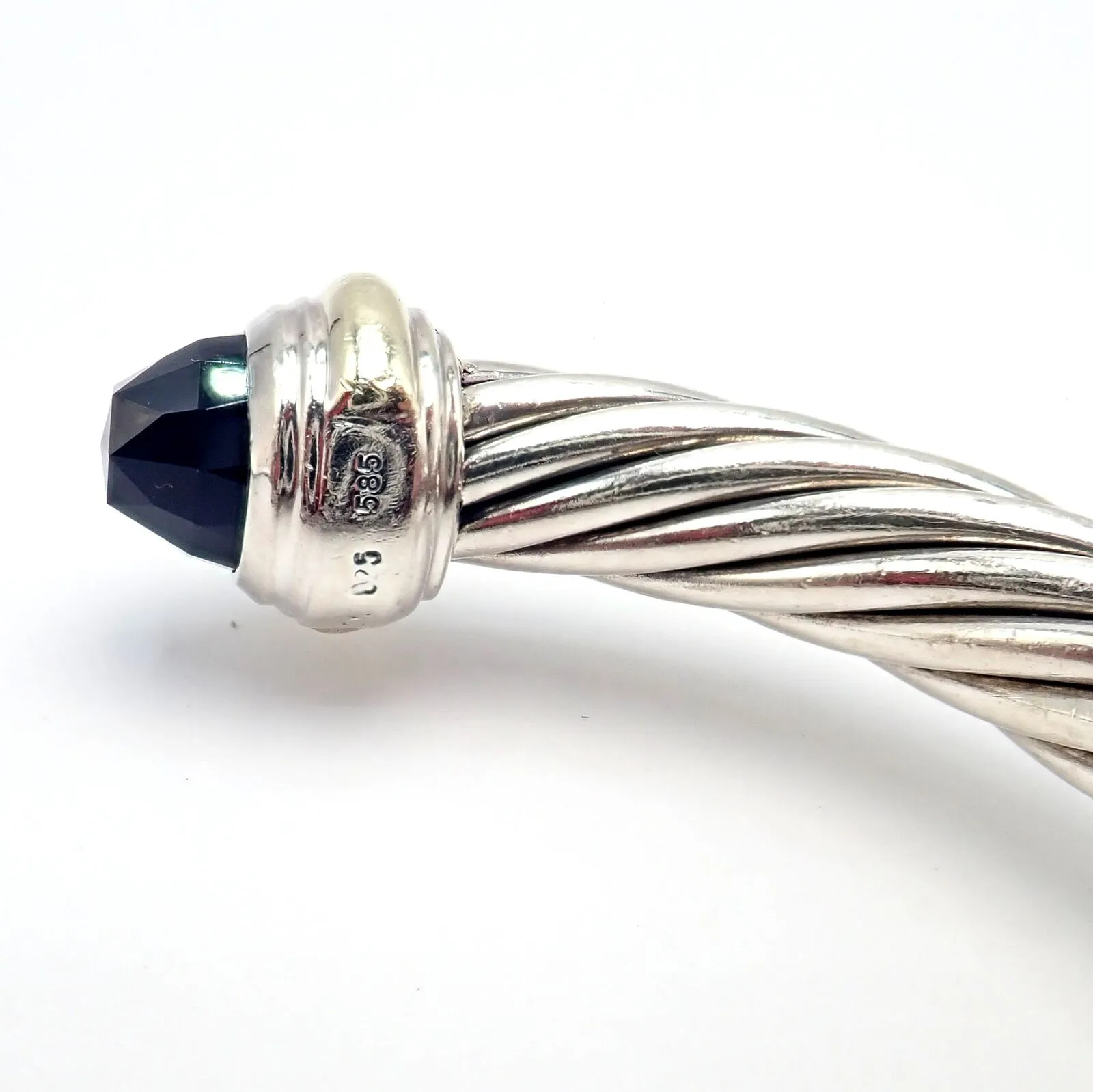 David Yurman DY Silver 14k Yellow Gold Onyx 7mm Cable Classic Bracelet
