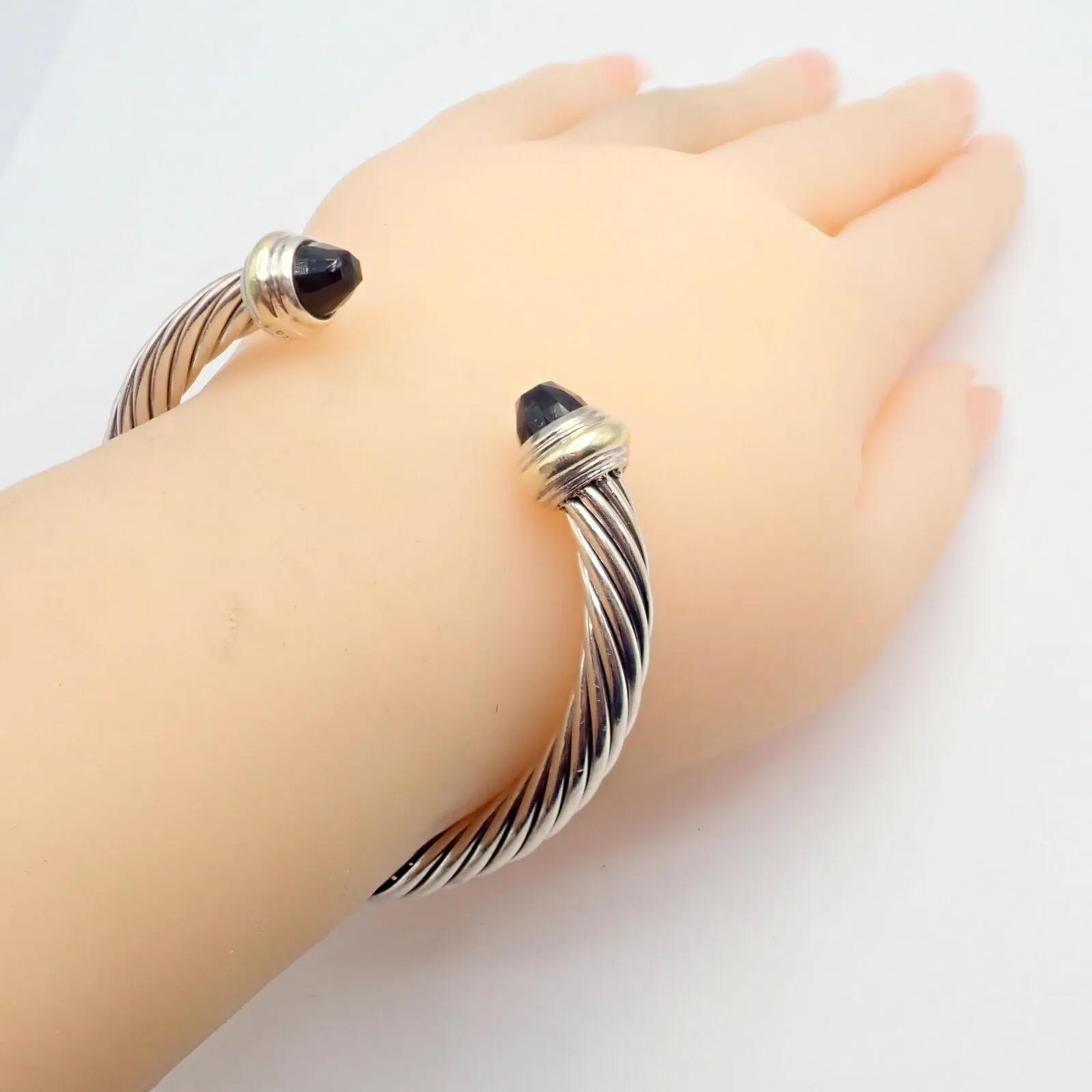 David Yurman DY Silver 14k Yellow Gold Onyx 7mm Cable Classic Bracelet