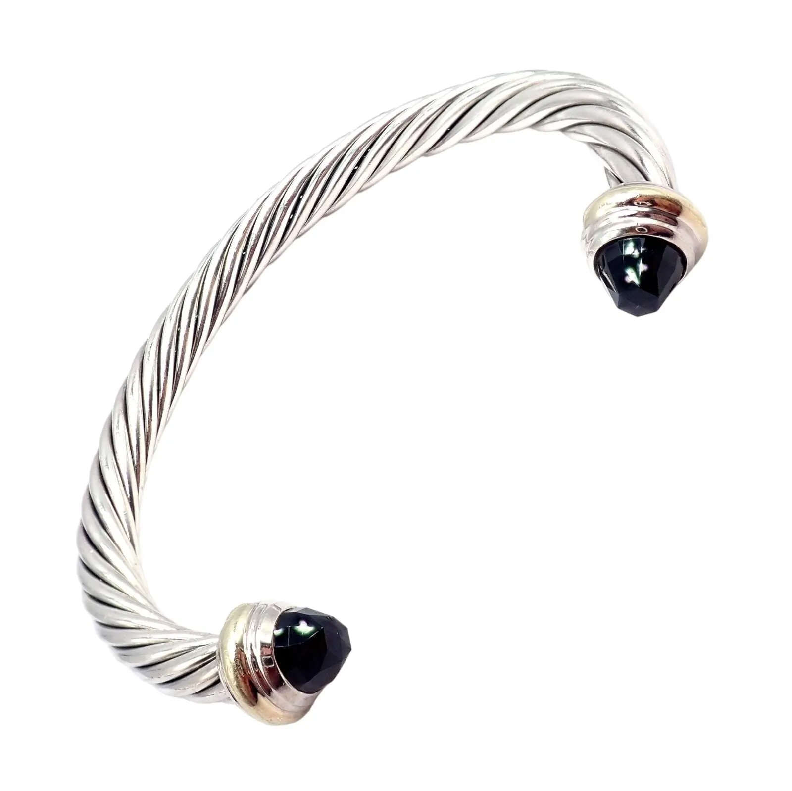 David Yurman DY Silver 14k Yellow Gold Onyx 7mm Cable Classic Bracelet