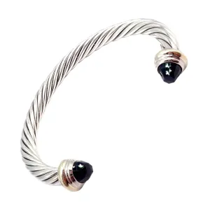 David Yurman DY Silver 14k Yellow Gold Onyx 7mm Cable Classic Bracelet