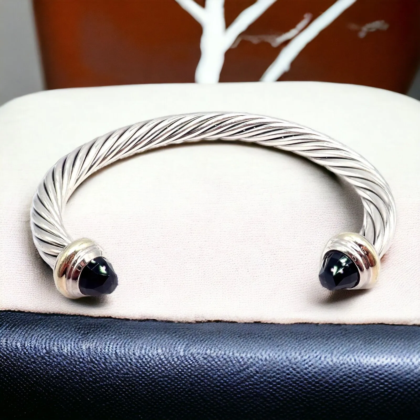 David Yurman DY Silver 14k Yellow Gold Onyx 7mm Cable Classic Bracelet