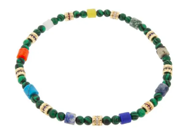 Diamond, Sapphire, and Ruby Short Rolls on Malachite Beaded Bracelet