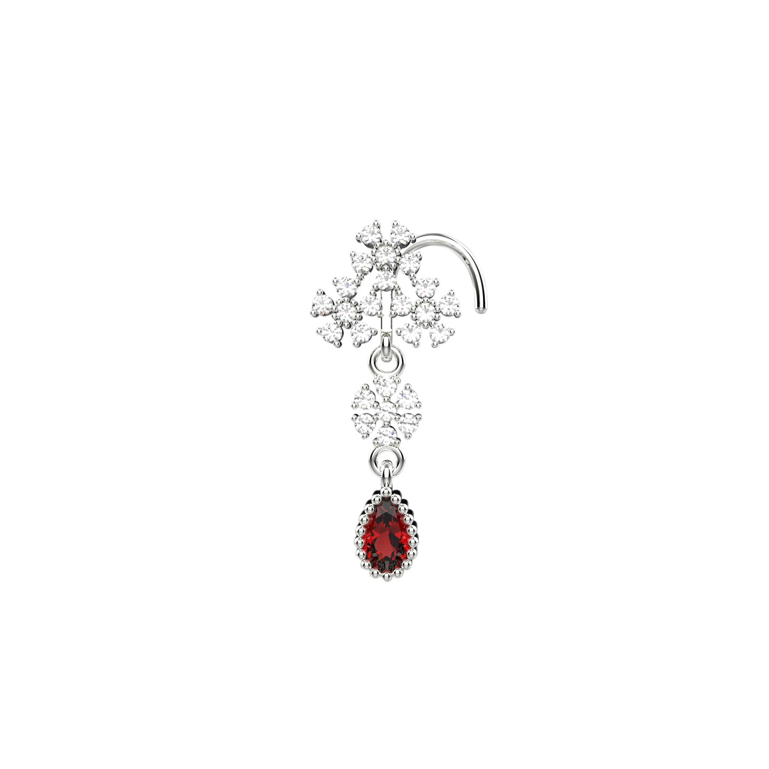 Garnet Dangle Nose Ring Stud – 14K Gold Piercing Jewelry