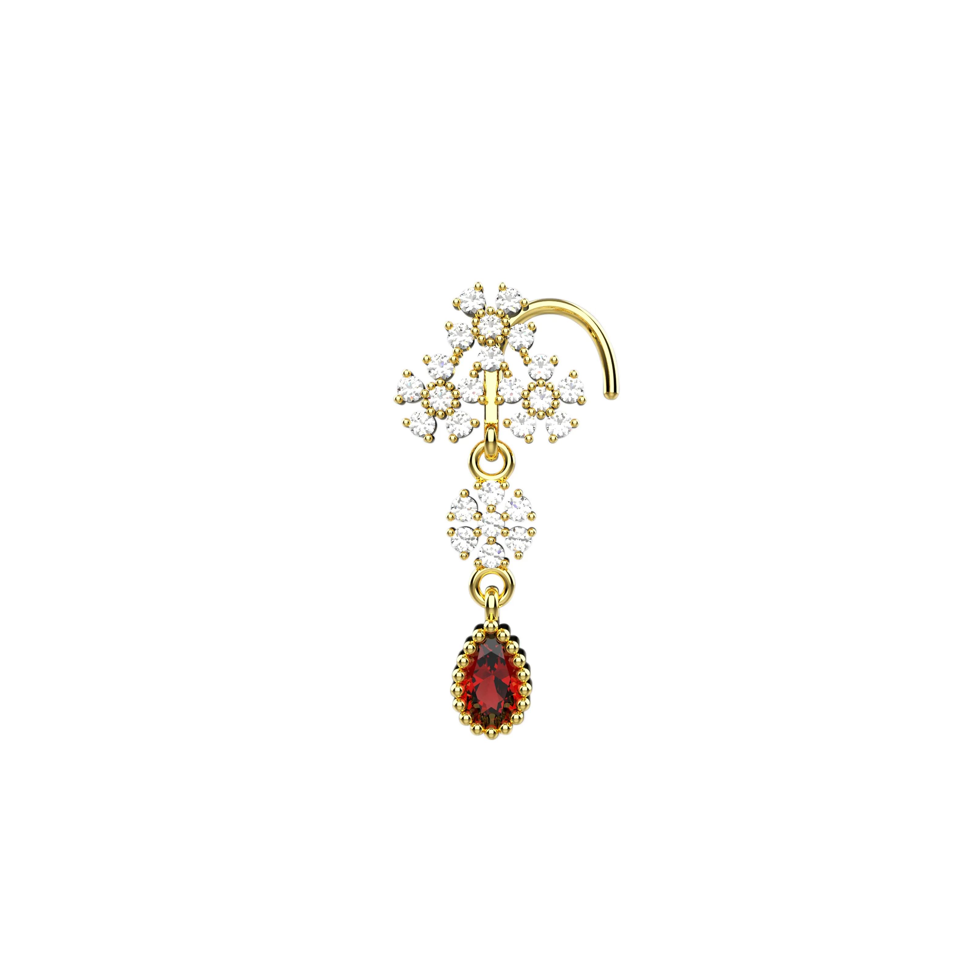 Garnet Dangle Nose Ring Stud – 14K Gold Piercing Jewelry