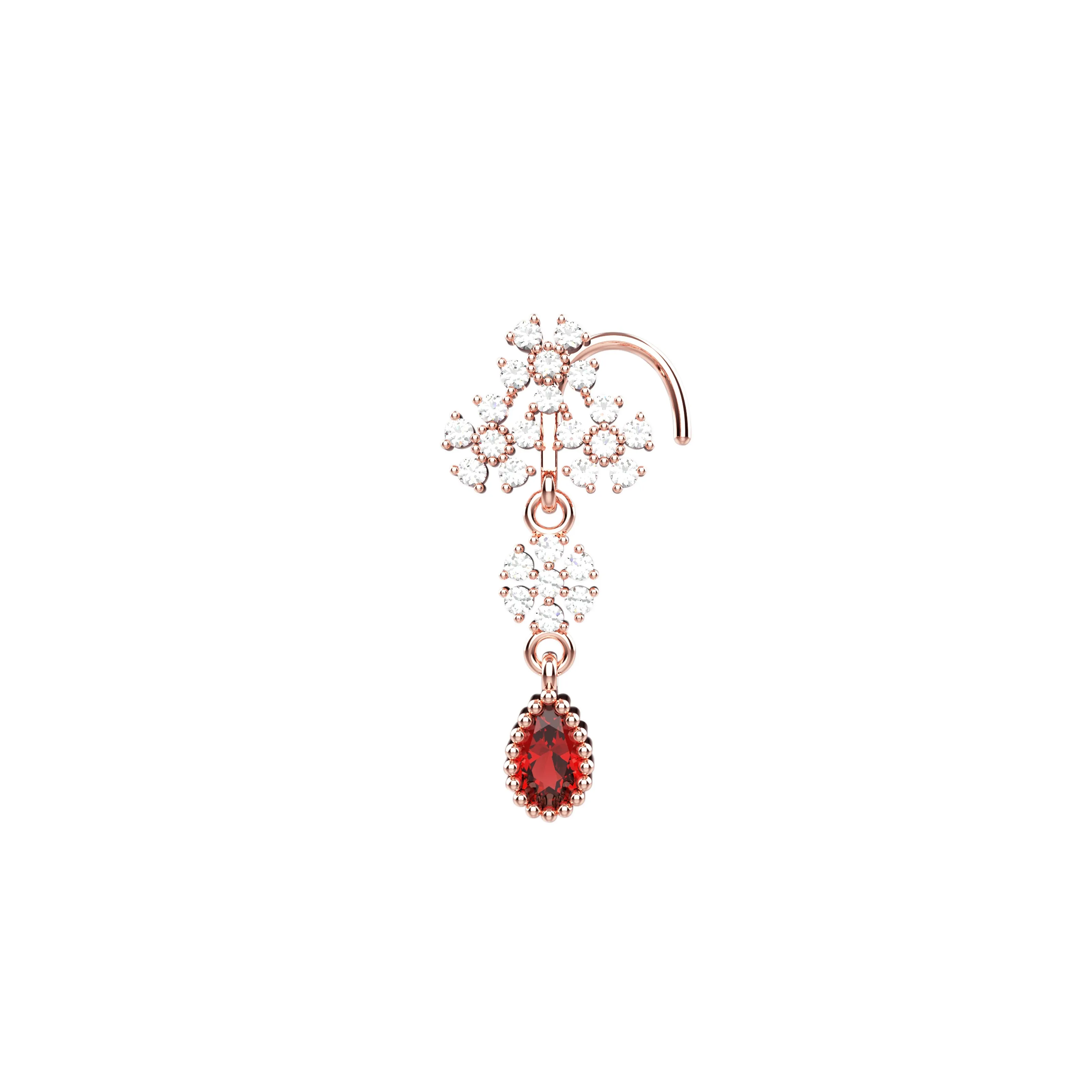 Garnet Dangle Nose Ring Stud – 14K Gold Piercing Jewelry