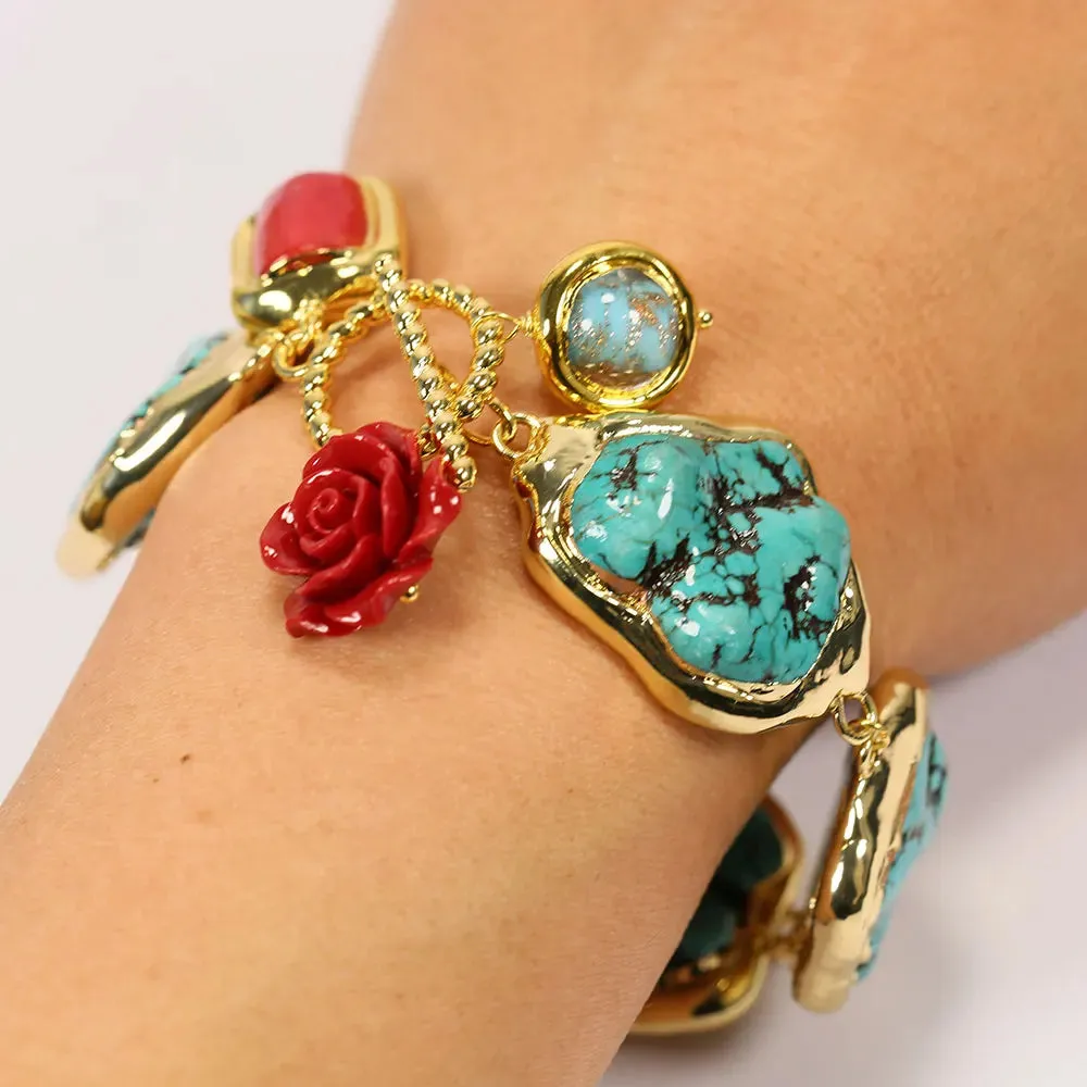 GG Blue Turquoise Freeform Shape Gold Plated Red Coral Murano Glass Beaded Bracelet