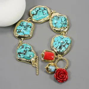 GG Blue Turquoise Freeform Shape Gold Plated Red Coral Murano Glass Beaded Bracelet