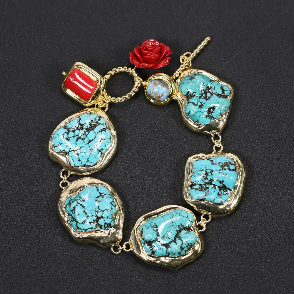 GG Blue Turquoise Freeform Shape Gold Plated Red Coral Murano Glass Beaded Bracelet