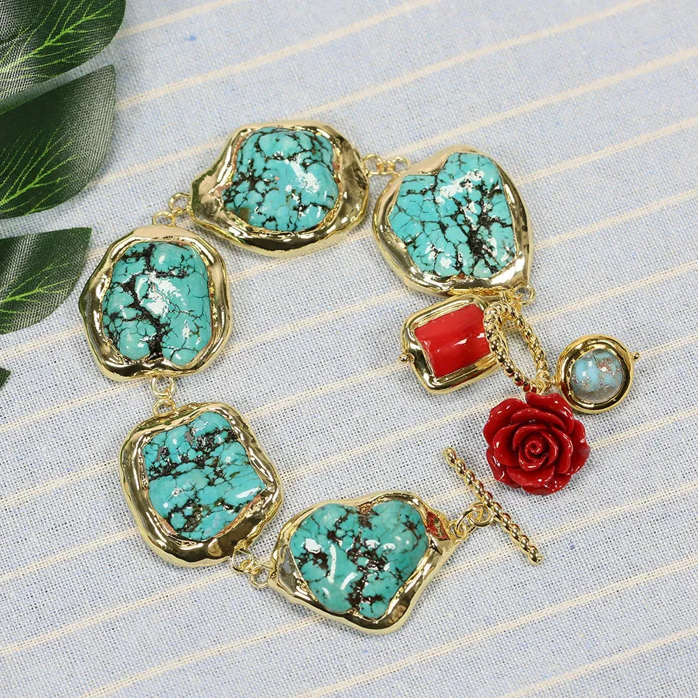 GG Blue Turquoise Freeform Shape Gold Plated Red Coral Murano Glass Beaded Bracelet