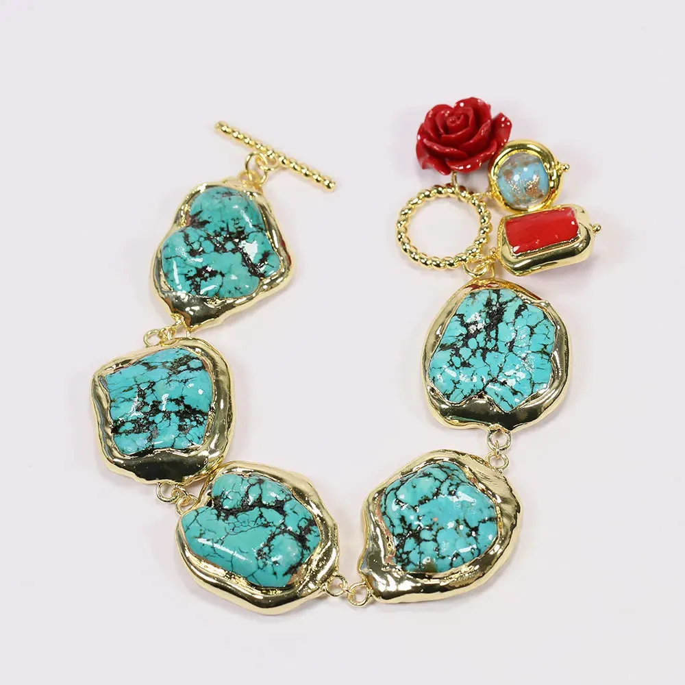 GG Blue Turquoise Freeform Shape Gold Plated Red Coral Murano Glass Beaded Bracelet