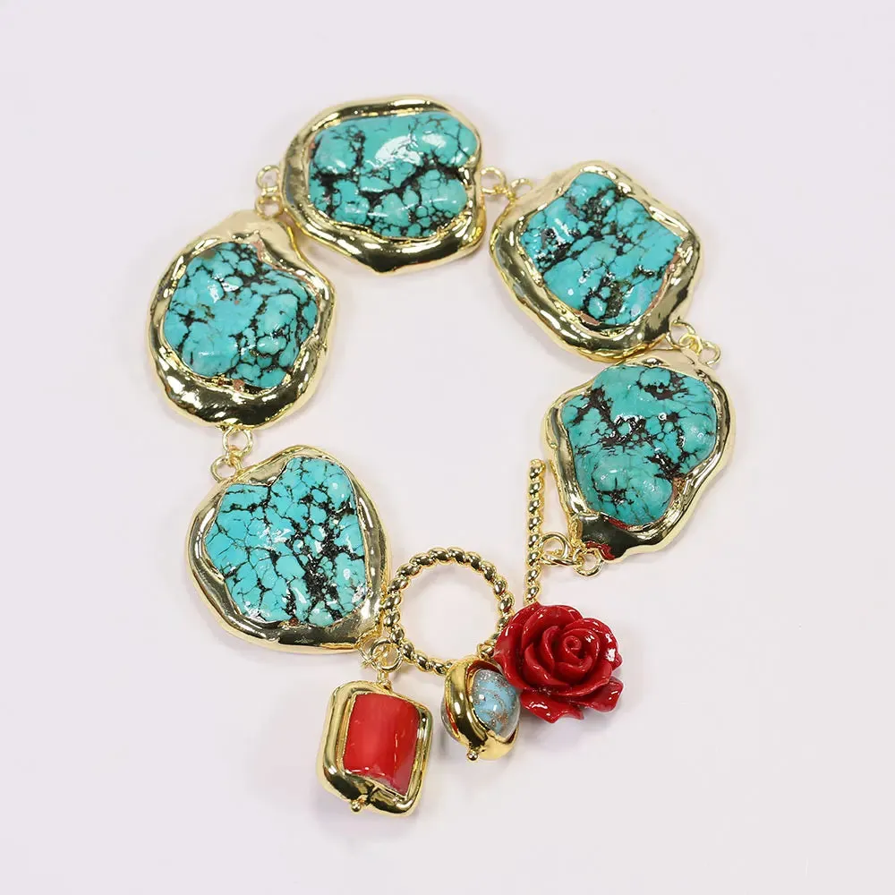 GG Blue Turquoise Freeform Shape Gold Plated Red Coral Murano Glass Beaded Bracelet
