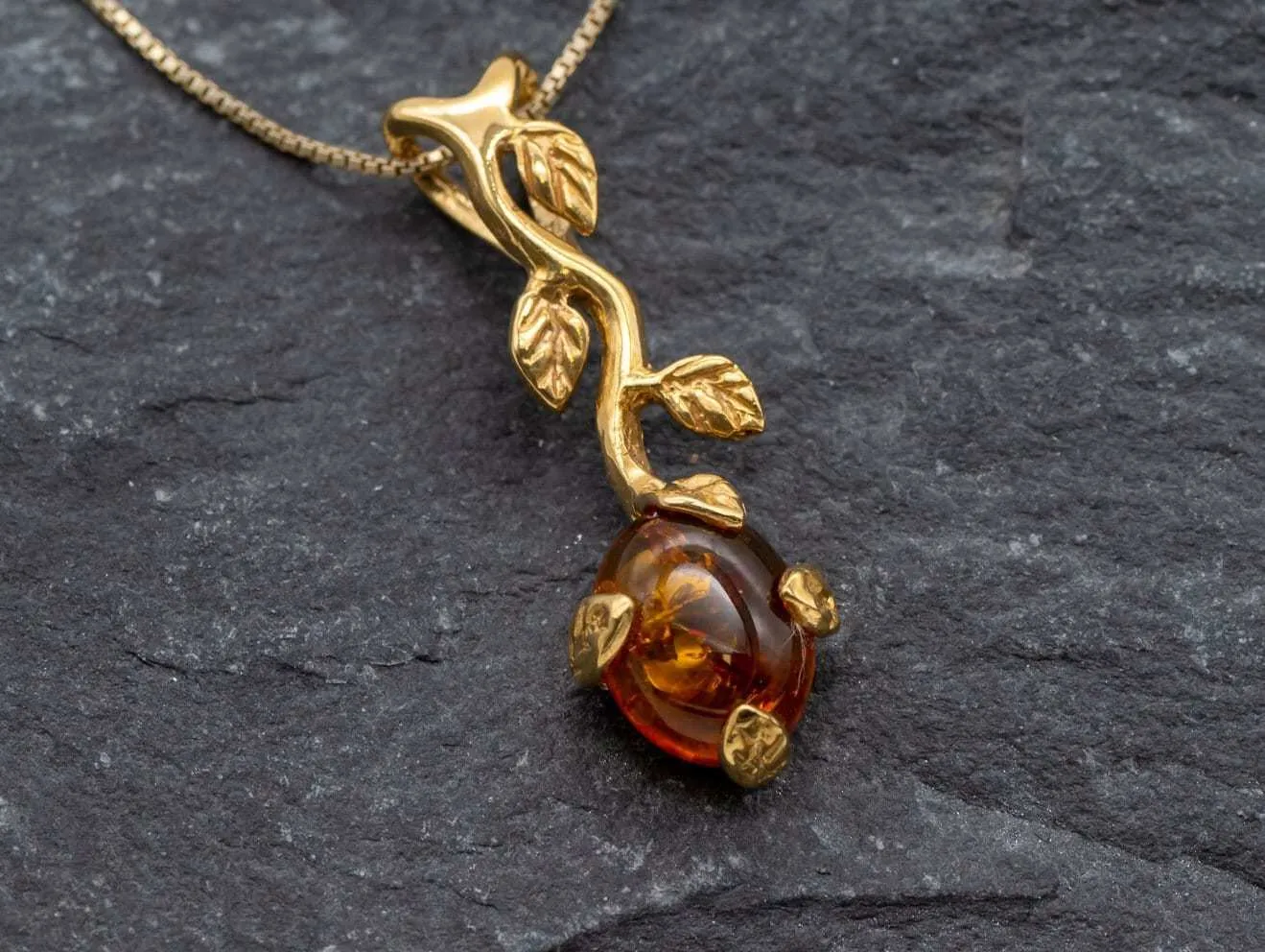 Gold Amber Necklace - Natural Amber Pendant - Long Branch Necklace