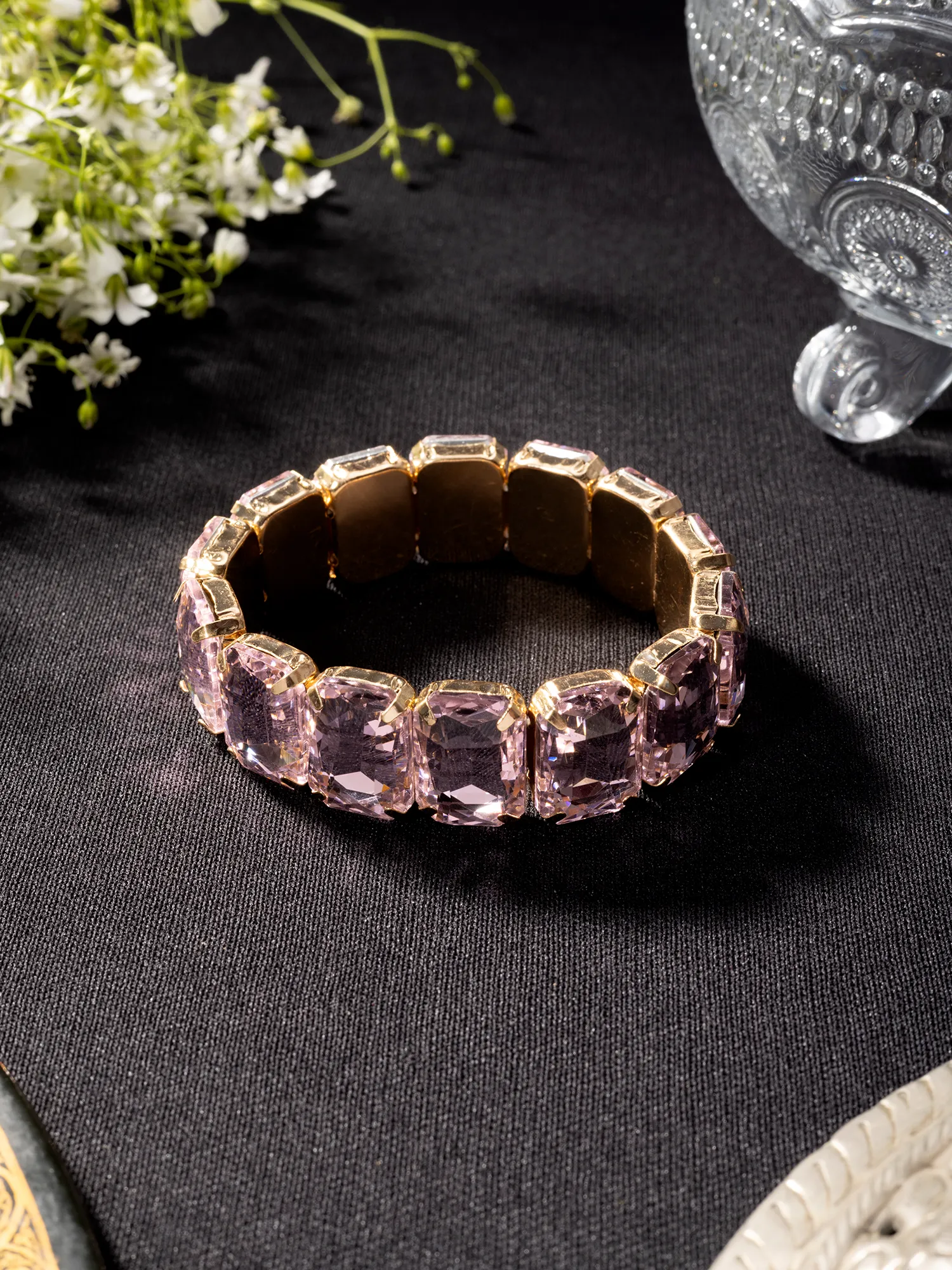 Gold Plated Pink Stone Stretchable Bracelet