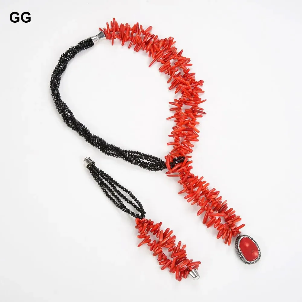 GuaiGuai Jewelry 22'' 5 Strands Red Coral Black Crystal Necklace Bracelet Set