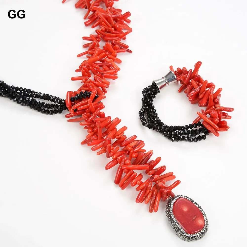 GuaiGuai Jewelry 22'' 5 Strands Red Coral Black Crystal Necklace Bracelet Set