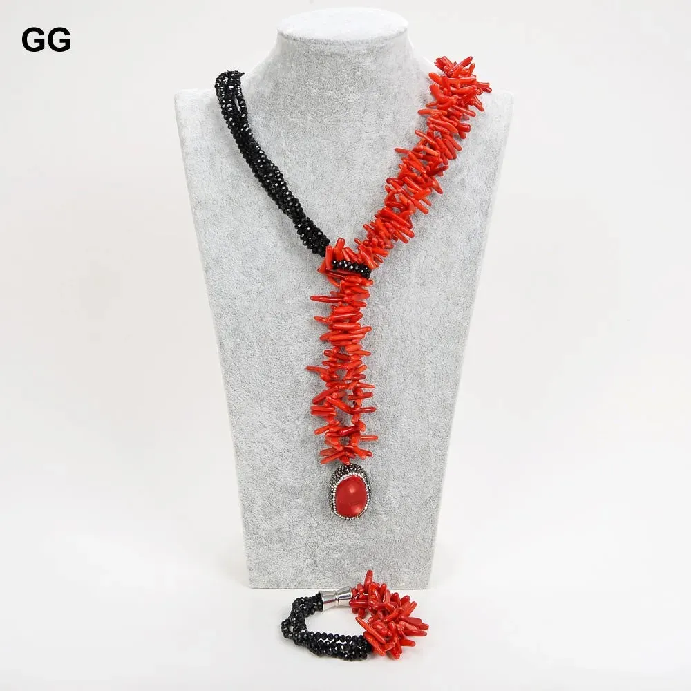 GuaiGuai Jewelry 22'' 5 Strands Red Coral Black Crystal Necklace Bracelet Set