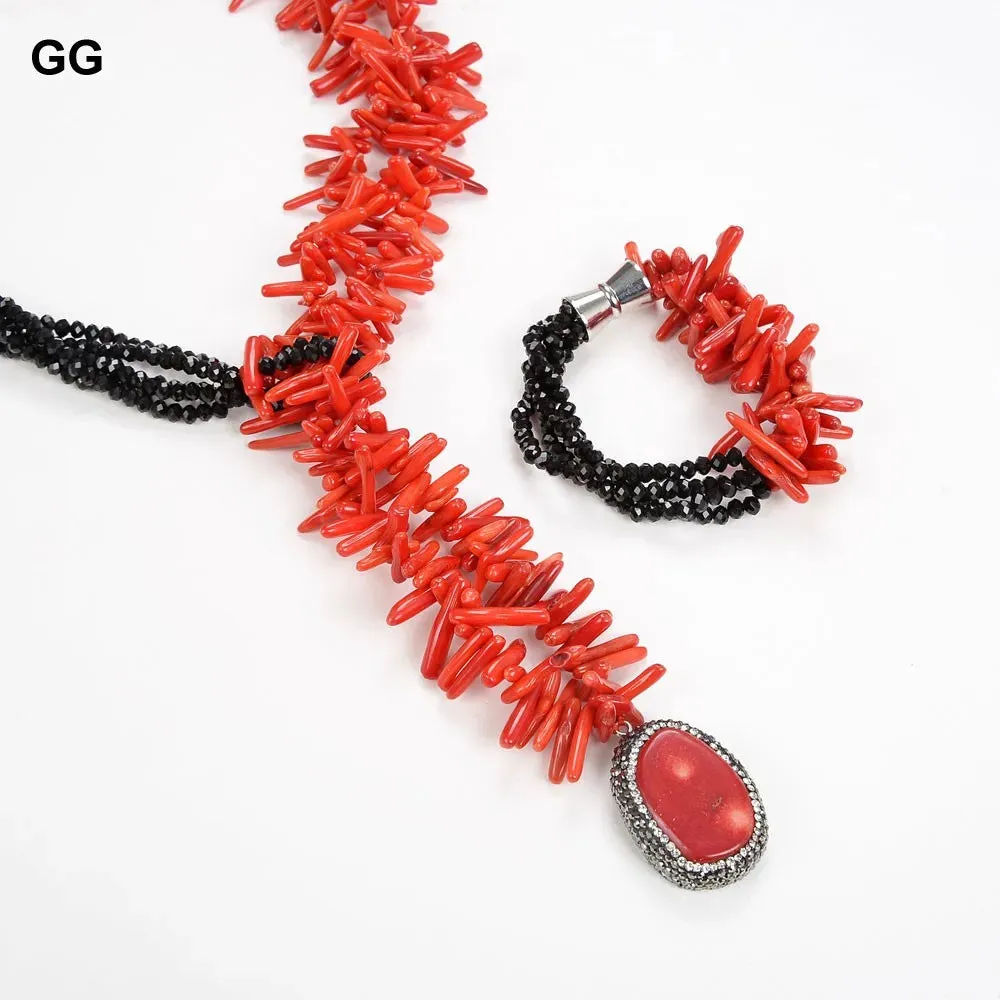 GuaiGuai Jewelry 22'' 5 Strands Red Coral Black Crystal Necklace Bracelet Set