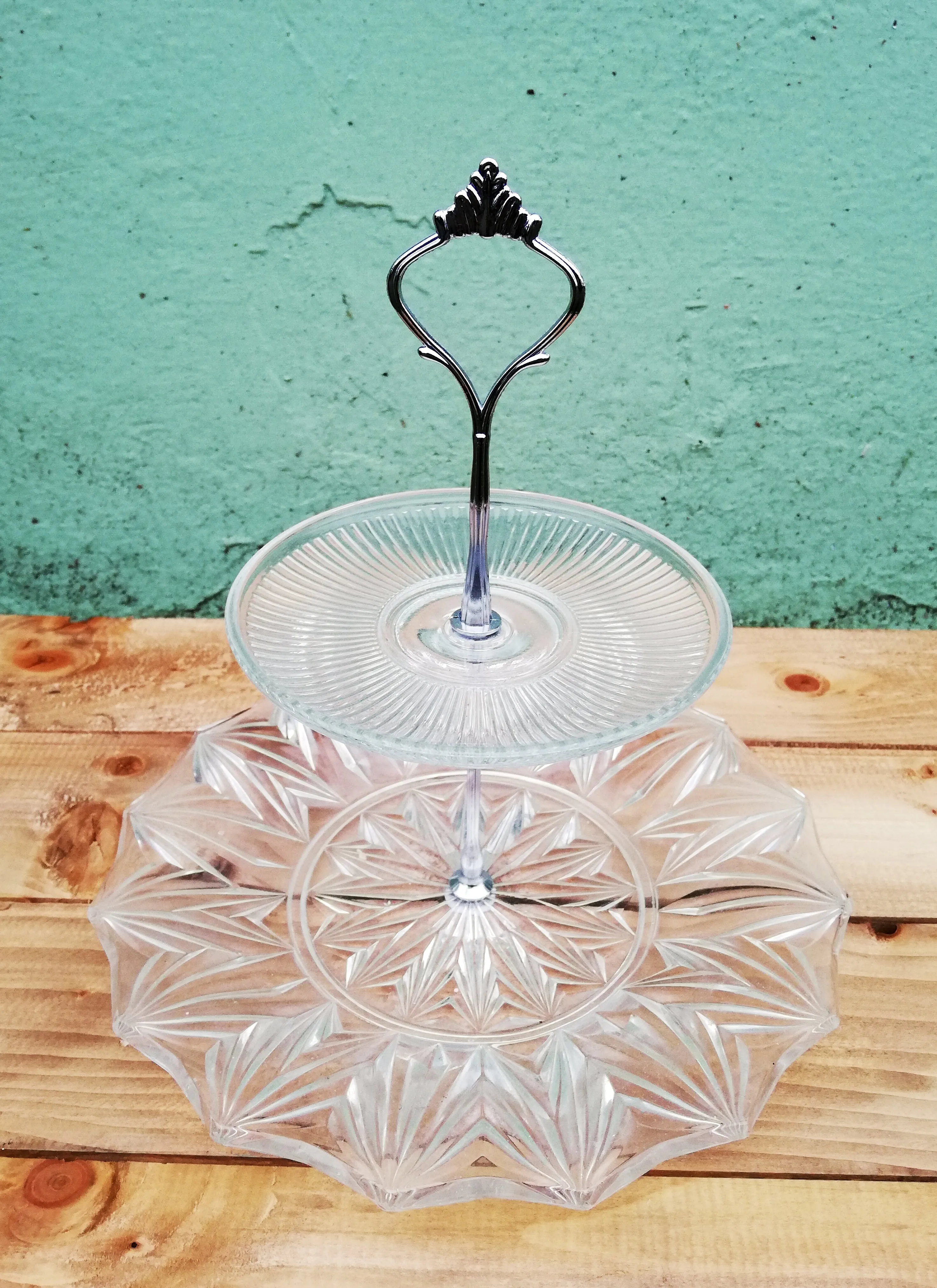 Handmade vintage clear glass cake stand