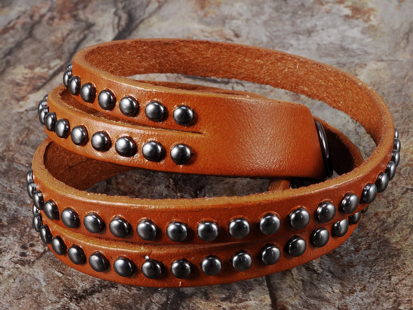 Light Cow Tan Brown Multi Strand Leather Stud Wrap Wrist Band Bracelet