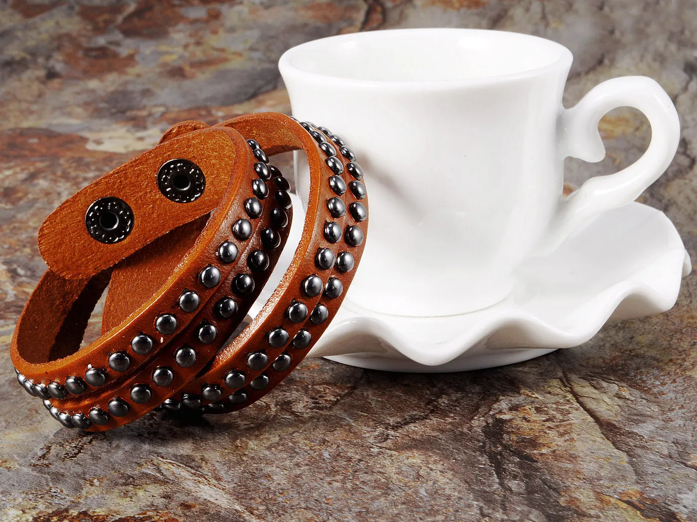 Light Cow Tan Brown Multi Strand Leather Stud Wrap Wrist Band Bracelet