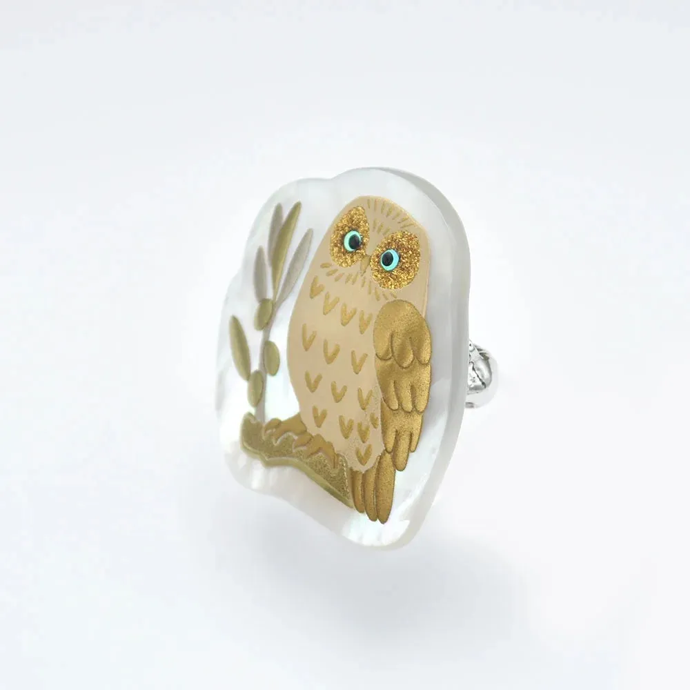 Maki-e Urushi Lacquer Brooch - White South Sea Pearl Shell / Owl -, Traditional Japanese Urushi Lacquer Jewelry