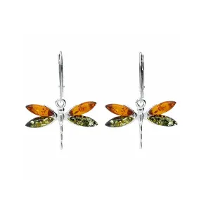 MILENA earrings Silver with Cognac and Green Amber Dragonfly