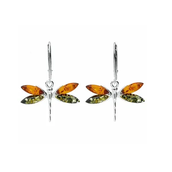 MILENA earrings Silver with Cognac and Green Amber Dragonfly