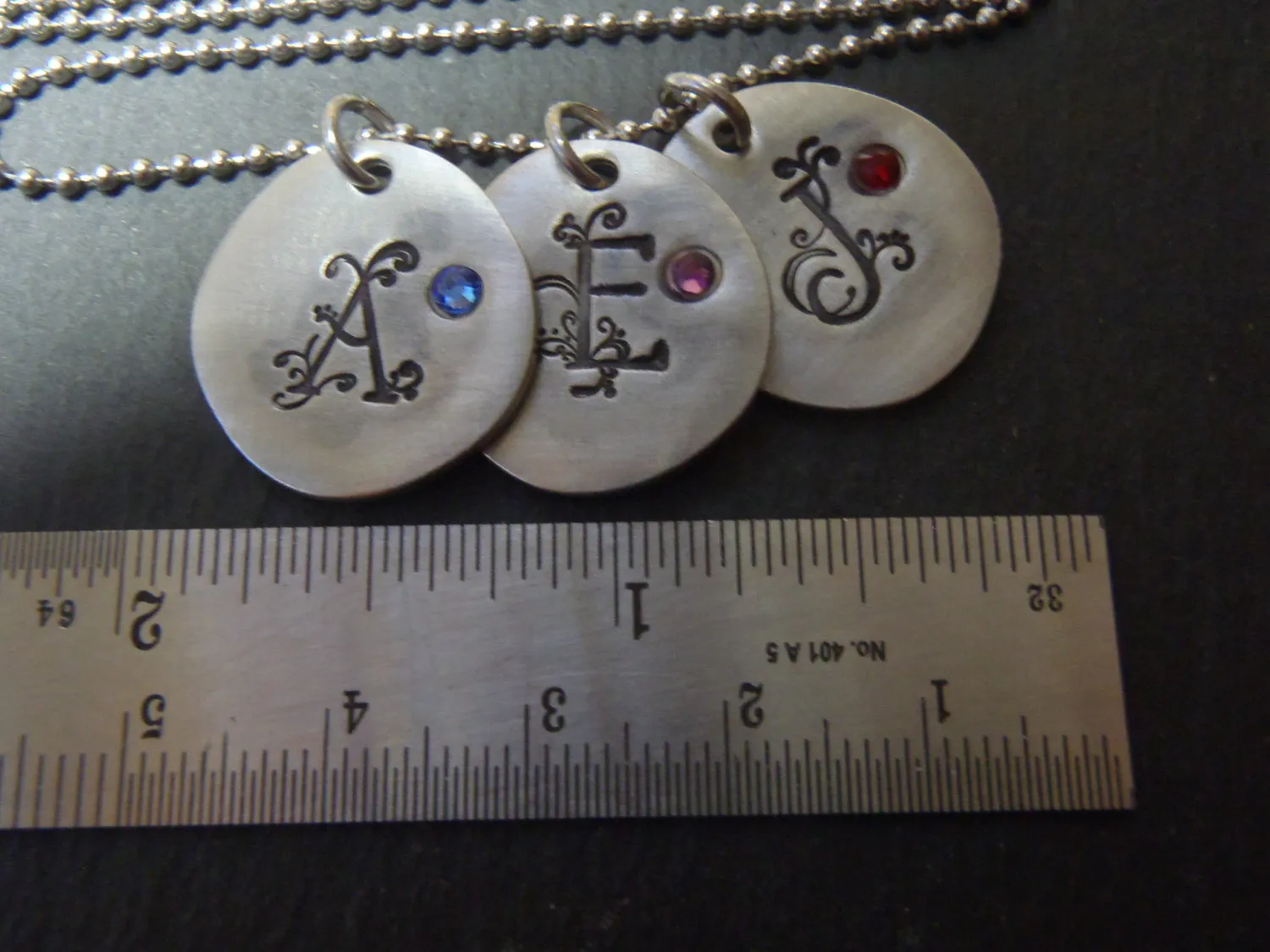 Mothers necklace with kid's initials and birthstones personalized and hand stamped